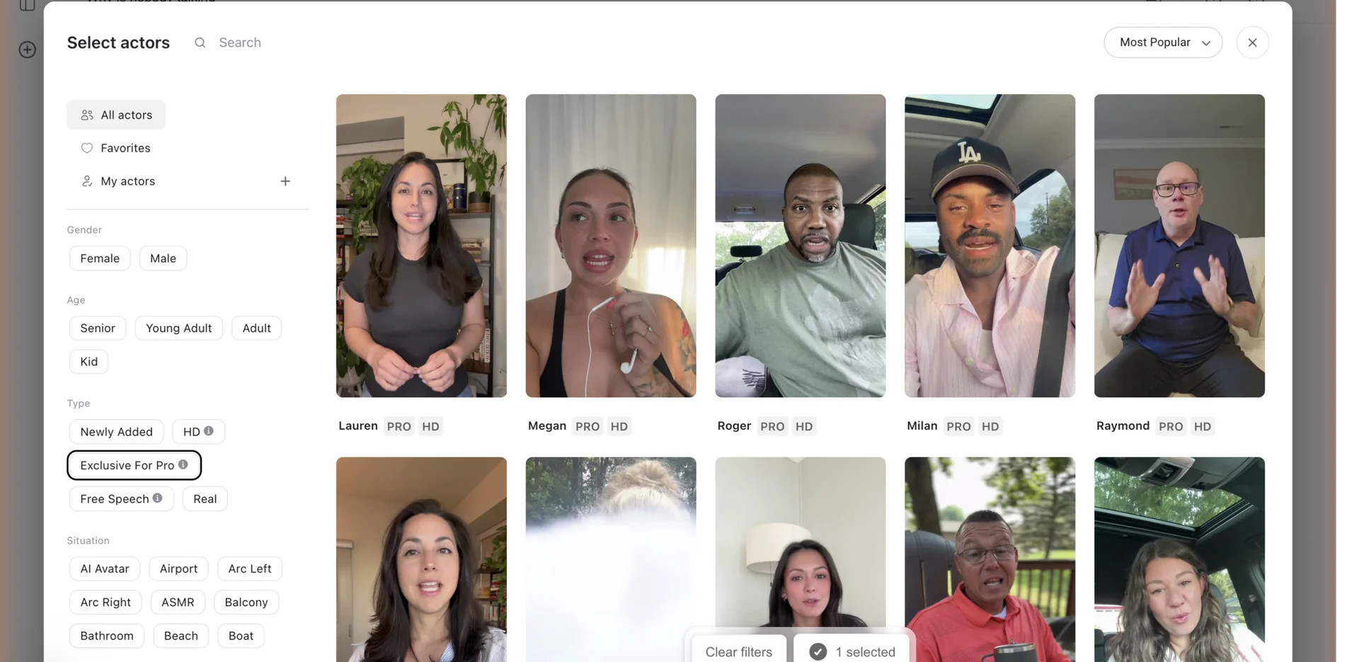 The Arcads actor picker with the Exclusive For Pro filter active, showing a grid of actors all carrying PRO badges