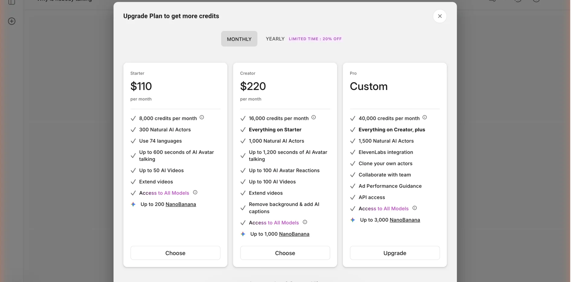 The Arcads upgrade modal that appears when a free account presses generate, showing Starter, Creator and a Custom-priced Pro plan