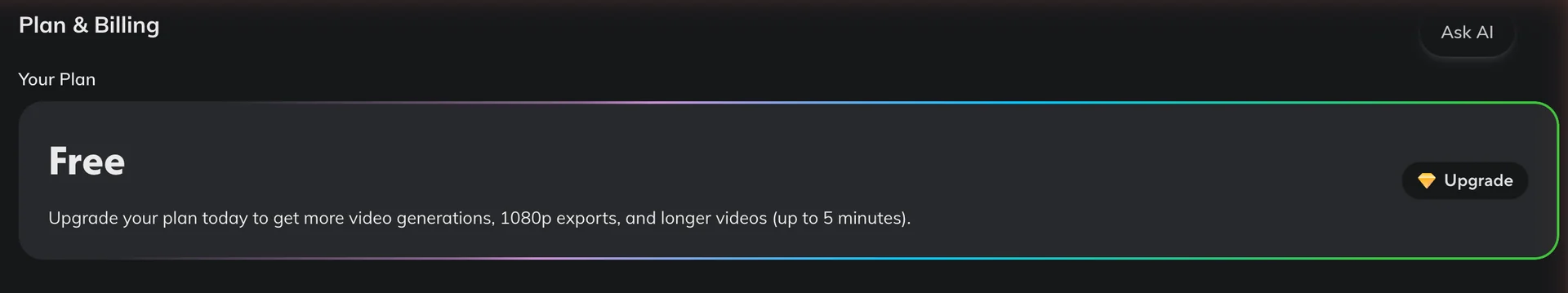 HeyGen's Plan and Billing screen on a free account, with an upgrade banner promising longer videos up to 5 minutes