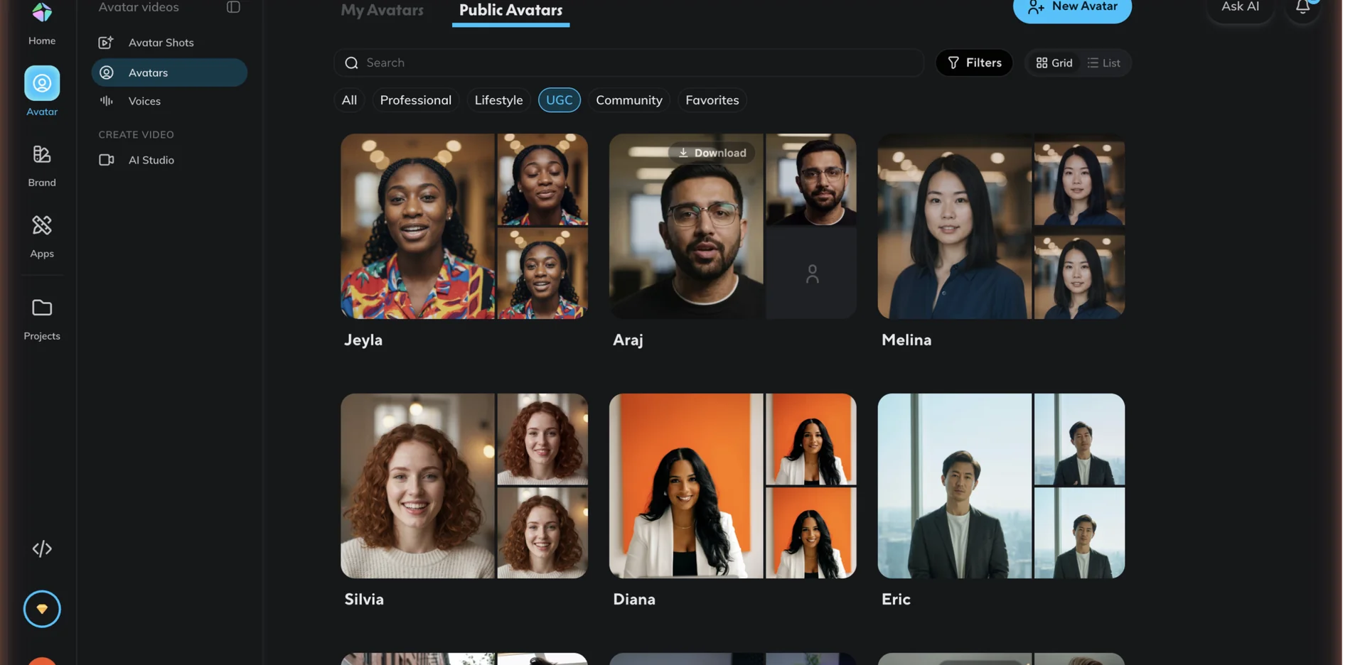 HeyGen's public avatar library filtered to its UGC category, showing well-lit avatars in office and studio settings