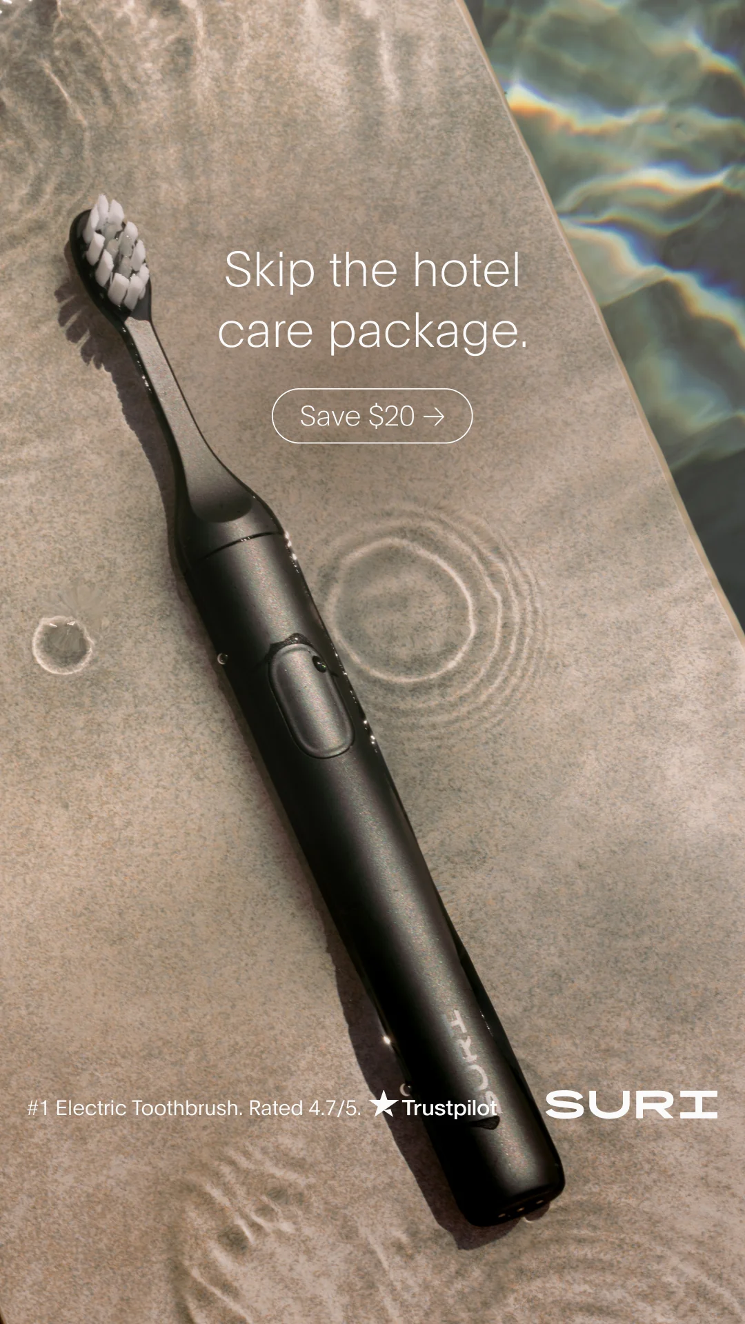 Static ad example: SURI electric toothbrush product hero