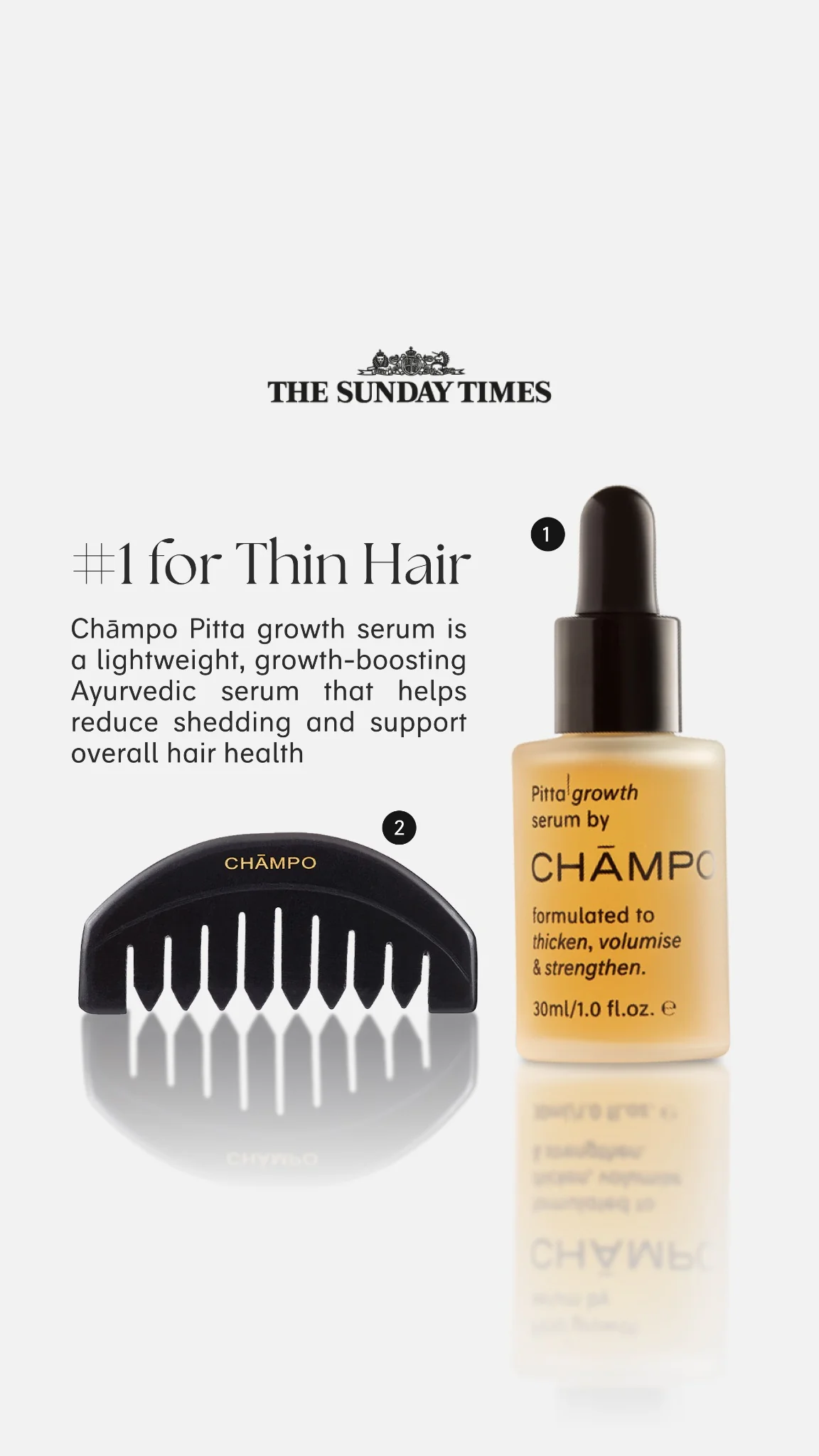 Static ad example: Champo product hero with Sunday Times press quote