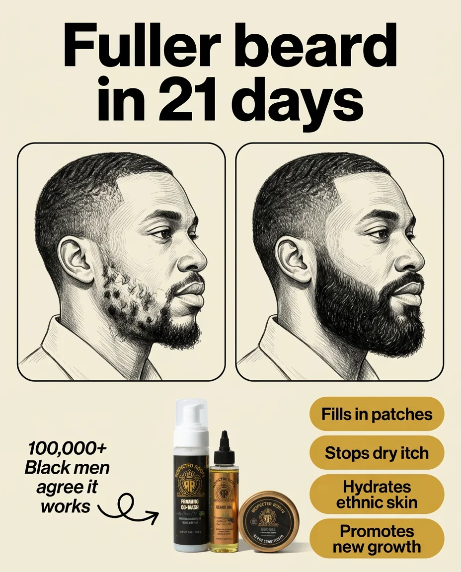 Static ad example: Respected Roots illustrated before and after beard ad