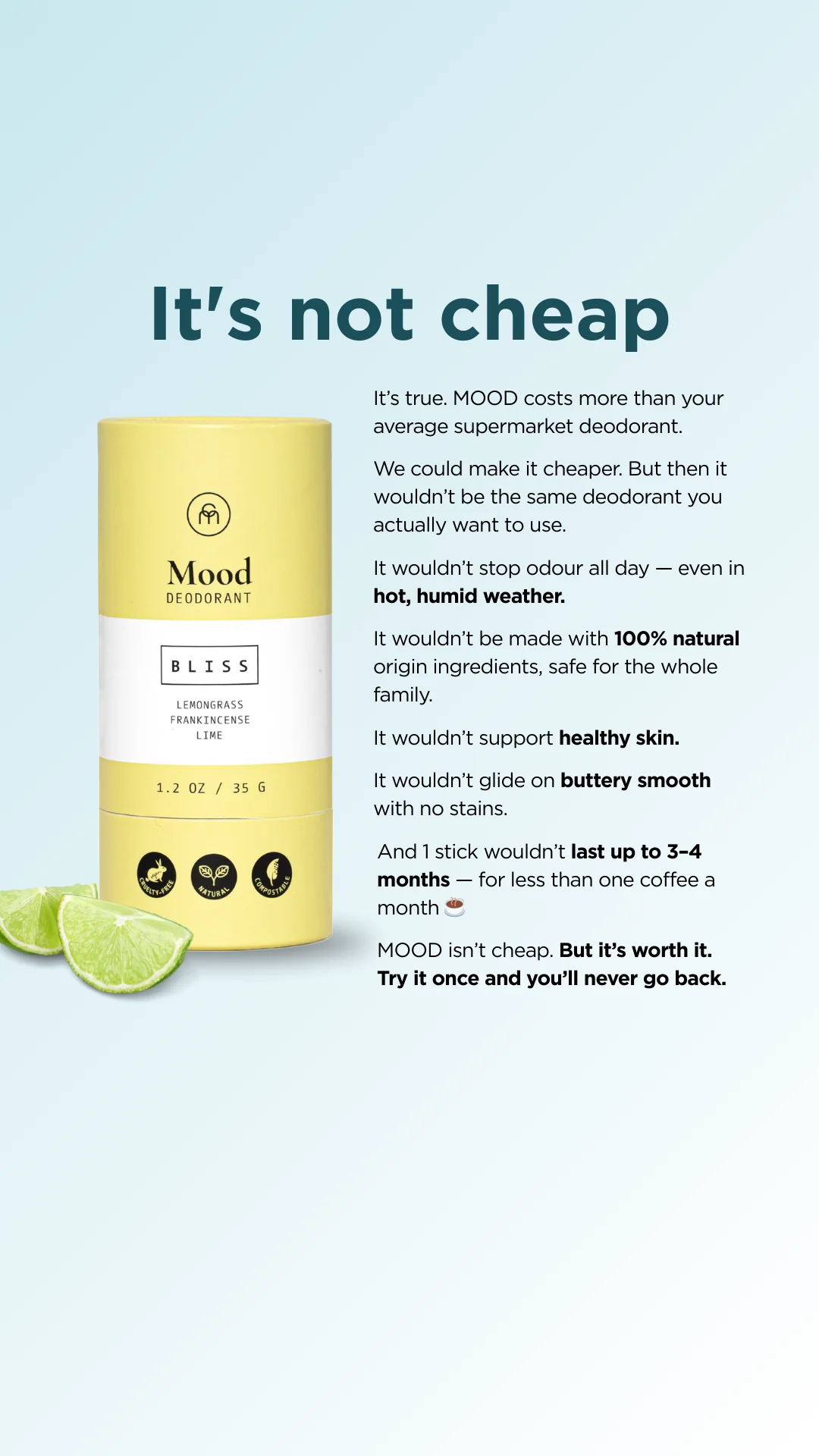 Static ad example: Mood deodorant long copy ad leading with price objection