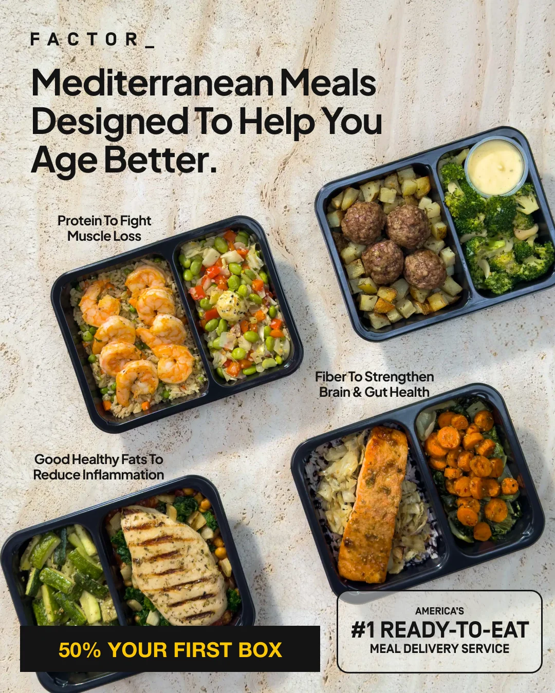 Static ad example: Factor meal delivery annotated feature callout ad