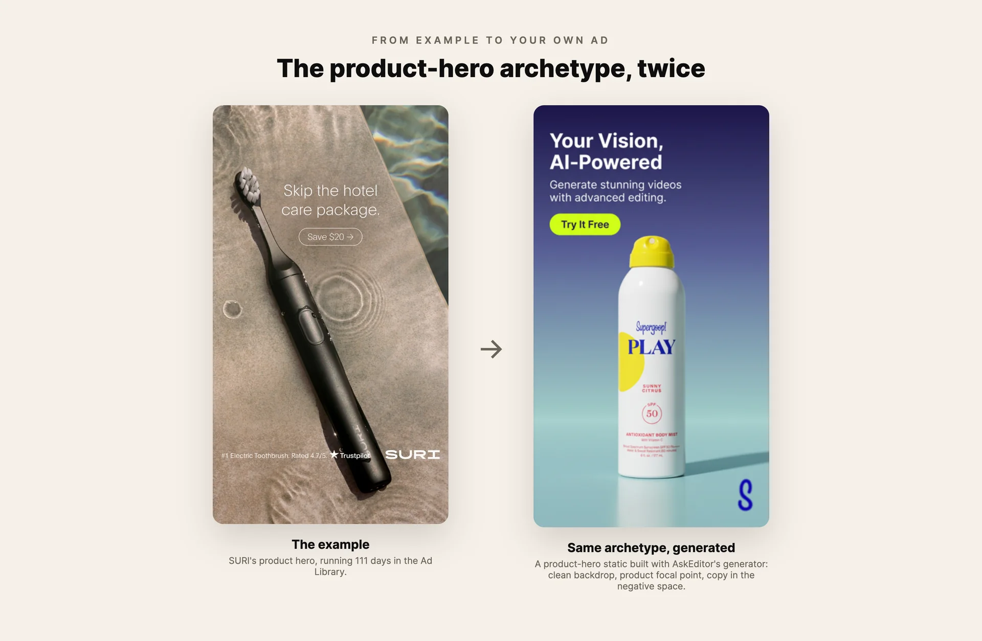 A real product-hero static ad next to the same archetype generated with AskEditor