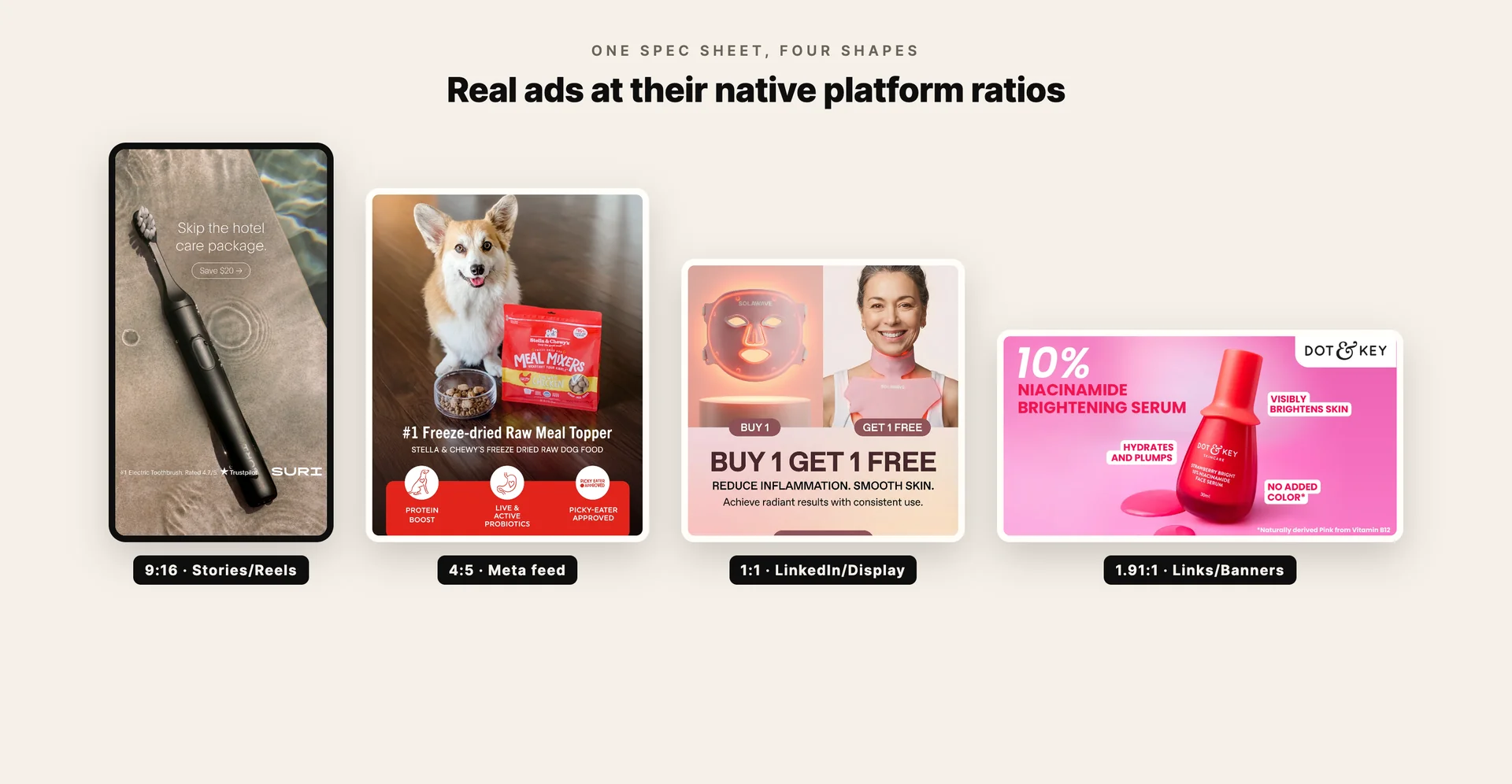 Real static ads shown at their native platform ratios: 9:16, 4:5, 1:1 and 1.91:1