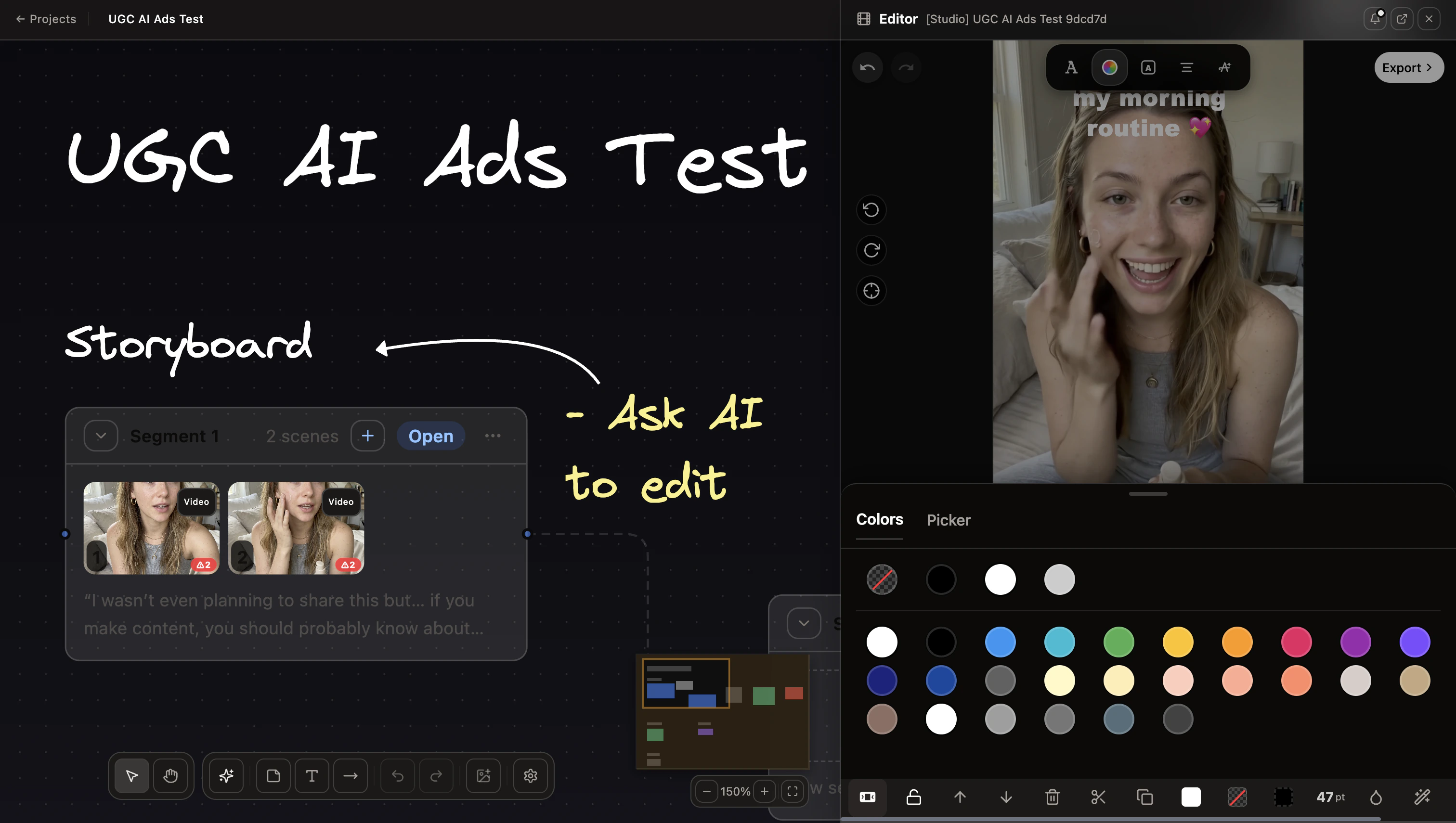 AskEditor Studio canvas — script to AI UGC ad workflow with scene nodes and annotations