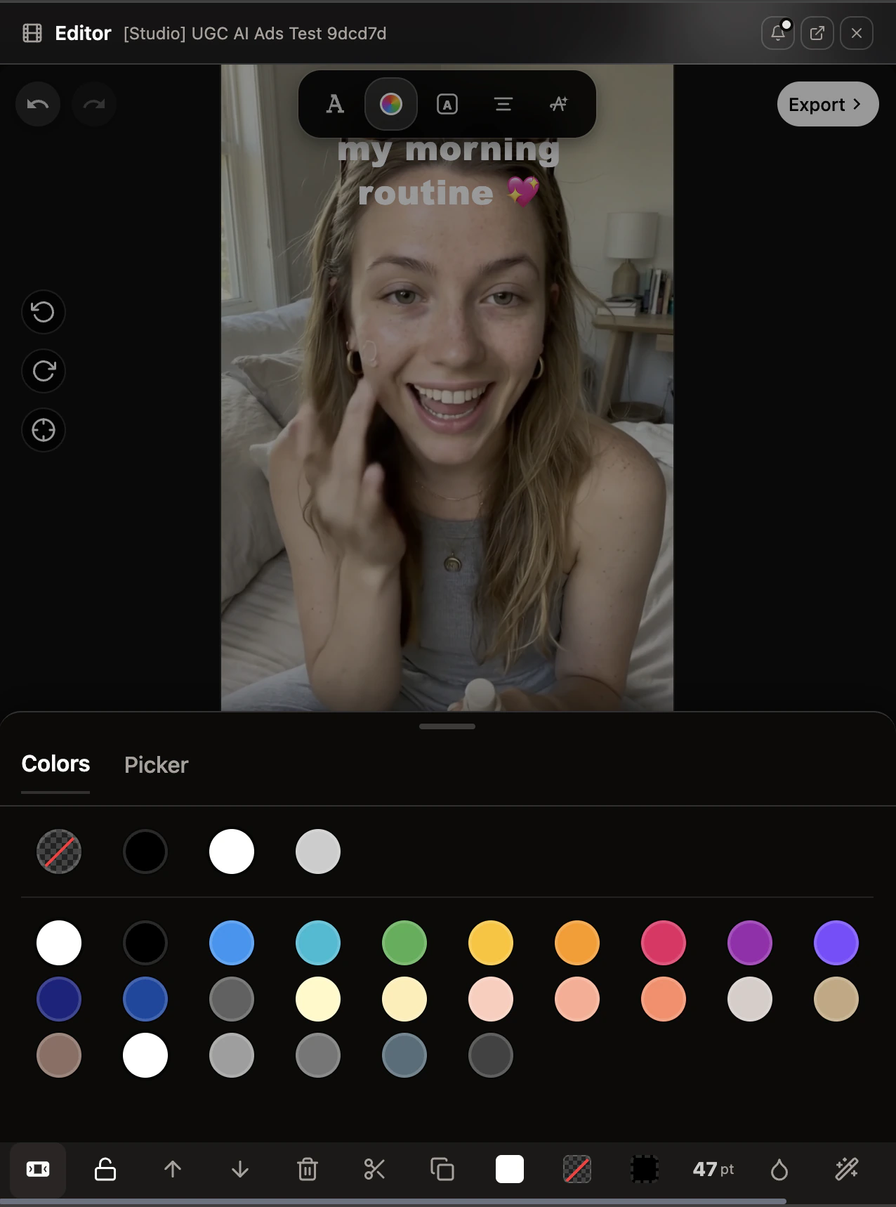 AskEditor UGC ad color picker — per-scene visual adjustments for AI UGC videos