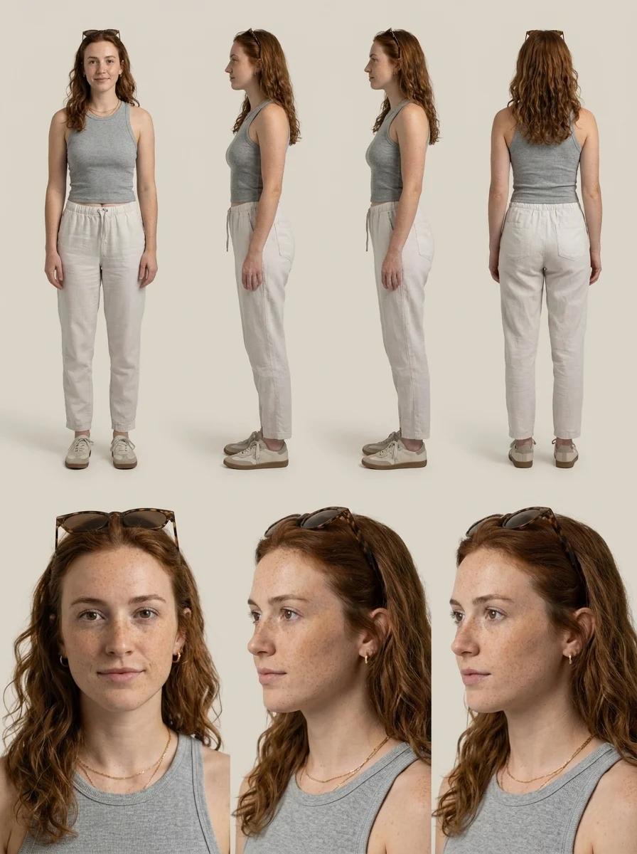 AskEditor character reference sheet — seven reference views of a single AI-generated character